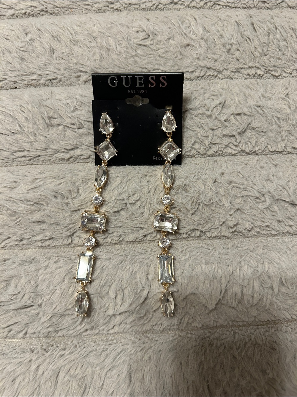 GUESS Gold and Clear Crystal Linear Drop Earrings